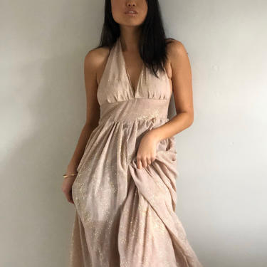 70s halter maxi dress / vintage blush gold nude shimmery backless halter maxi dress gown / cocktail wedding guest dress | XS S 