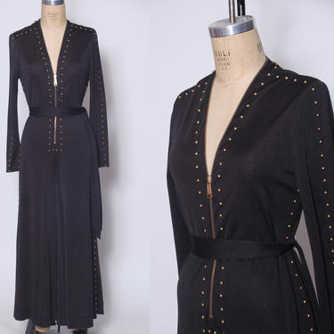 Vintage studded jumpsuit / 1970s black jumpsuit with gold studs / big zipper belted one piece / disco jumpsuit / wide leg jumpsuit 