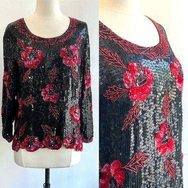 Vintage 80s SEQUIN + SILK ROSE Pattern Top / Slouchy + Scallop Edge / Royal Feelings 