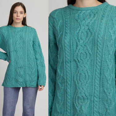 Vintage Irish Aran Cable Knit Oversize Fisherman Sweater - Men's Small | 80s Blue Green Merino Wool Pullover Jumper 