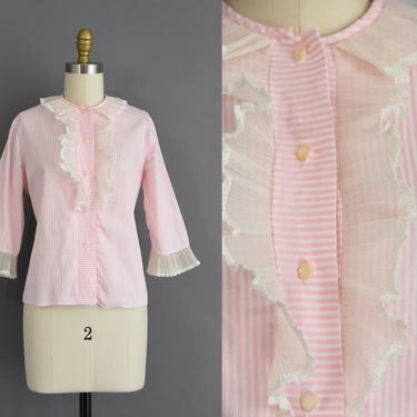 1950s vintage blouse | Adorable Pink Pinstripe Ruffle Cotton Blouse | Medium | 50s blouse 