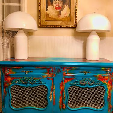 Custom painted turquoise sideboard with faux rust embellishments 