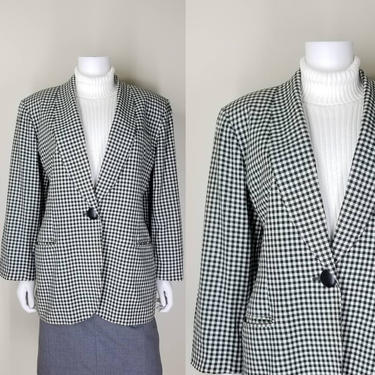 1990s Green Gingham Christian Dior Blazer, Large ~ Oversized Checkered Plaid Jacket ~ Long Boxy Casual Sport Coat ~ Designer Suit Separate 