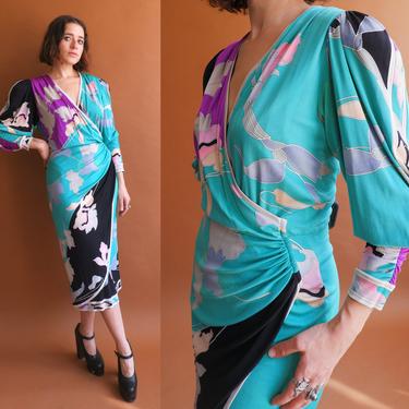 Vintage 70s Leonard Silk Jersey Draped Dress/ 1970s Mutton Sleeve Psychedelic Wrap Dress/ Pucci Style/ Size Medium 