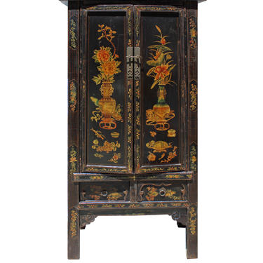 Chinese Vintage Golden Color Floral Graphic Dresser Cabinet cs4122E 