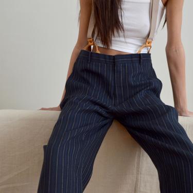 navy pinstriped wide leg suspender button trousers / 26w 
