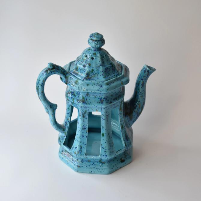 Vintage Votive Candle Holder | Ceramic Teapot Coffee Pot Shaped Candlestick Holder | Aqua Teal Blue | Speckled Splattered Glazed Pottery 