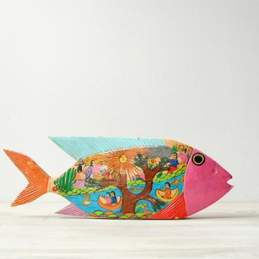 Vintage Mexican Folk Art Fish, Hand Painted Hand Carved Wood Fish, Fish Wall Hanging 