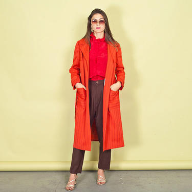 60s Bright Red Striped Coat Vintage Long Sleeve Pocket Jacket 