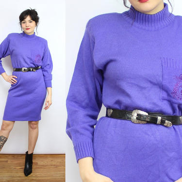 Vintage 80's Purple Acrylic Knit Sweater Dress / 1980's Mock Neck Dress / Winter / Women's Size Small - Medium by Ru