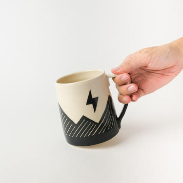 Handmade pottery mug (thunder) minimal ceramic, whimsical white cup lighting thunder mountain 