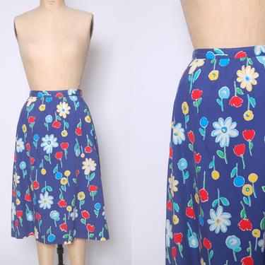 Vintage 70s flower print skirt / 70s printed novelty skirt / abstract flower print cotton skirt / daisy and tulip print 