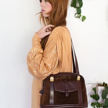 Vintage GUCCI 1970s Brown Suede and Leather G Monogram Crossbody Bag with Gold Hardware Logo 70s Minimal 