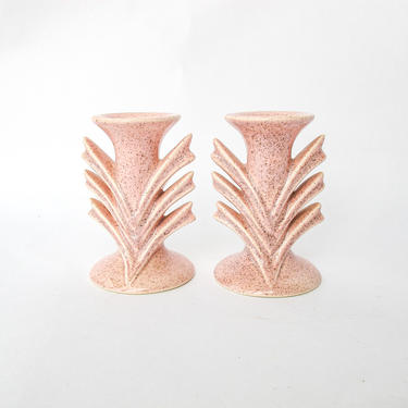 Set of 2 Vintage Red Wing Pink Speckled Ceramic Candle Stick Holders 