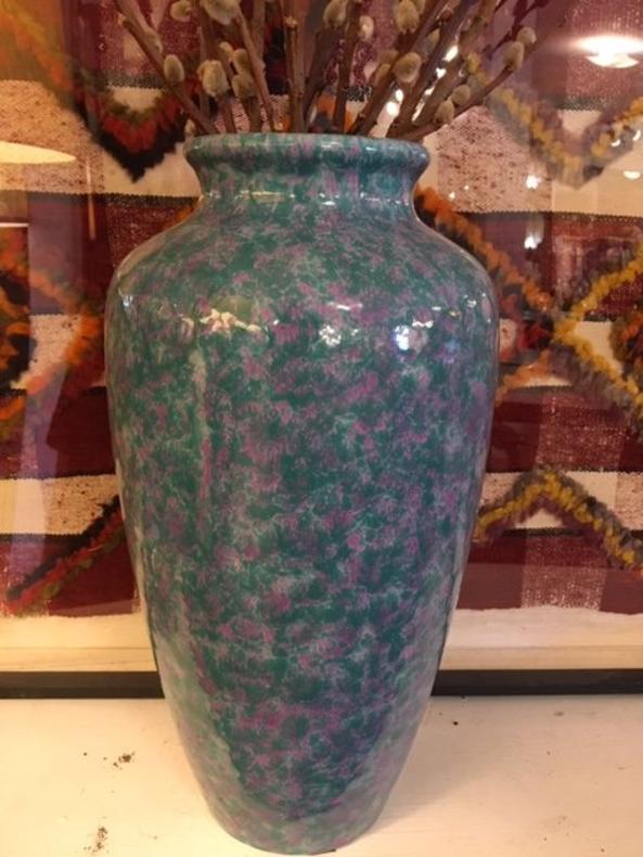 Tall Mottled Teak and Pink Pottery Vase