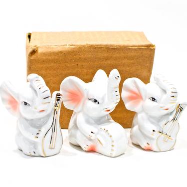 VINTAGE: 3 Ceramic Elephant Figurines Set in Box - Musician Elephants - Pink Gold Elephants - Nursery - Gift Idea - SKU 24-C-00010574 