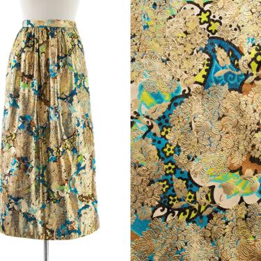 Vintage 1960s 1970s Skirt | 60s 70s Metallic Floral Printed Gold High Waisted Holiday Party Maxi Skirt (medium) 
