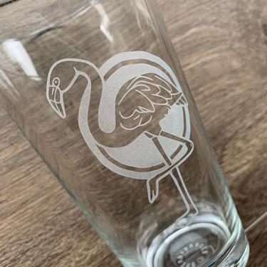 Flamingo Pint Glass - etched tropical bird glass for beer 