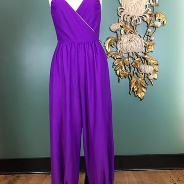 1970s jumpsuit, purple polyester, harem pants, vintage 70s jumpsuit, tie shoulders, size medium, wrap bust, disco style, 28 waist, studio 54 