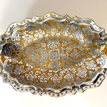 Ornate Brass Pedestal Dish | Ornate Brass and Silver Dish | Decorative Pedestal Dish 