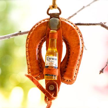 VINTAGE: Mexican Leather Horse Shoe with Resin Corona Beer Ornament - Vacation, Drinking, Tijuana, Beer - Gift Tag - SKU 16-E2 