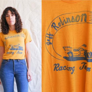 Vintage 70s Car Racing T Shirt/ 1970s Yellow Paper Thin Jeff Robinson Single Stitch T Shirt/ Size Small 