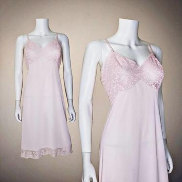 Vintage 60s Pink Full Slip, Large 40 / Lace Slip Dress / Vintage Pinup Lingerie / Silky 1960s Nylon Dress Slip / Floral Lace Sweetheart Bust 