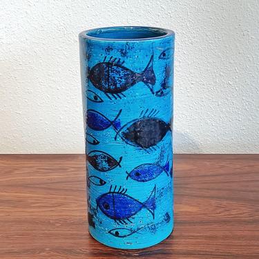 TALL BLUE CYLINDER VASE WITH FISHES BY ALDO LONDI FOR BITOSSI (ITALIAN)-B
