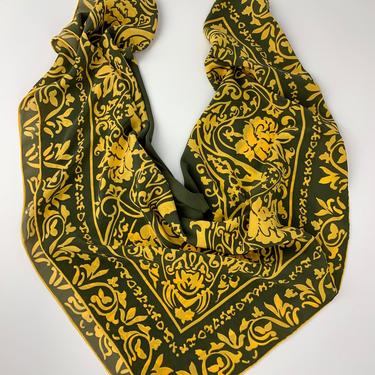 Vintage Scarf - Quality Silk Crepe - Hand Rolled Hem - Sunflower Yellow Pattern with Putty Green Background - 42 x 40-1/2 Inches 