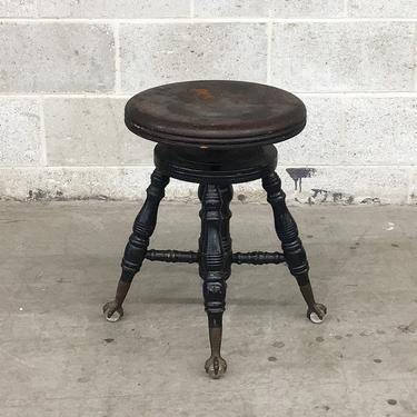 Antique Piano Stool Retro 1800s Charles Parker + Victorian + Cast Iron Claw Feet + Clear Glass Ball + Dark Brown Wood + Carved Spindle Legs 