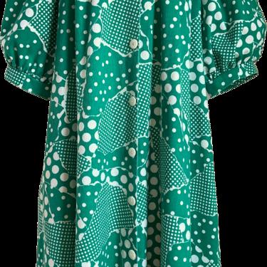 70s/80s Polka Dot Patchwork Print Puff Sleeve Tent Dress By David Brown