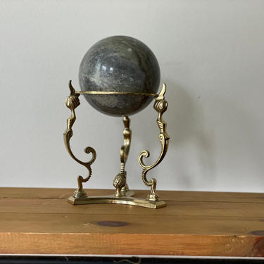 Vintage Extra Large Marble Sphere with Brass Stand, Mermaid Stand Marble Ball on Stand 