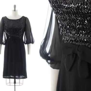 Vintage 1960s Party Dress | 60s Black Sequin Silk Chiffon Balloon Sleeve Sheath LBD Little Black Formal Cocktail Dress (medium) 