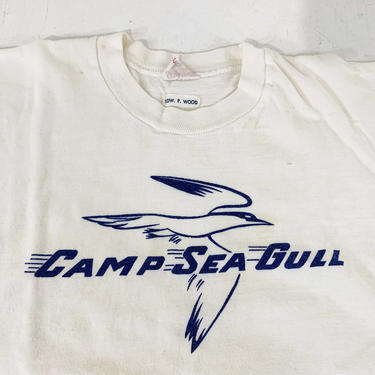 Vintage T-Shirt Camp Sea Gull Seagull Champion USA 1960s White Blue Short Sleeve Tee Hipster Shirt Single Stitch Kids 12 Child Adult XXXS 