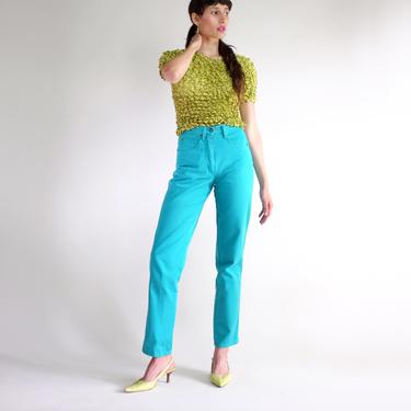 High Waisted Jeans, Turquoise High Rise Tapered Leg Jeans, Vintage 90s Mom Jeans, Relaxed Blue Green Vibrant Summer Pants Size 4 