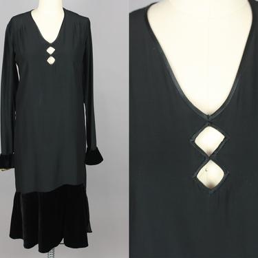 1920s Black Matte Silk & Silk Velvet Dress · Vintage 20s Two Texture Dress · Extra Small 
