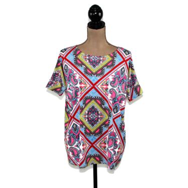Short Sleeve Print Blouse Medium, Boxy Oversized Dolman Top Knit Polyester, Colorful Shirt Women, Casual Spring Summer, Vintage Clothing USA 