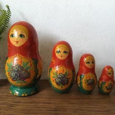 1994 Matryoshka Russian Nesting Dolls, Vintage Set Of 5 Russian Wood Folk Art Dolls, Floral Design, Signed By Artist 