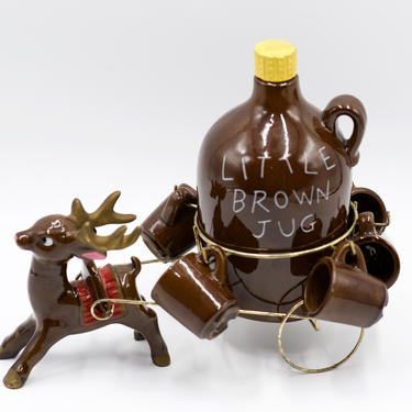 Vintage Little Brown Jug with Reindeer and Cart with 6 Shot Glasses, Christmas Barware, Mid Century, Bar, Ceramic, Pottery, Wild Cat Juice 