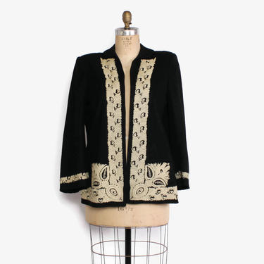 Vintage 40s Wool COAT / 1940s Ivory Embroidered Hearts Pattern Black Swing Coat 