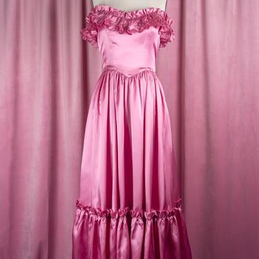 Vintage 70s/80s Pink Satin Floor Length Ruffle Dress with Sweetheart Bodice and Sash 
