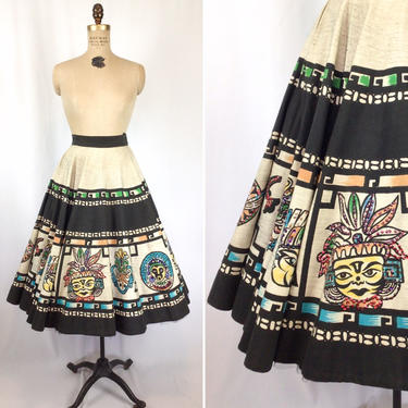 Vintage 50s circle skirt | Vintage hand painted Mexican print sequins cotton circle skirt | 1950s Londy of Mexico full circle skirt 