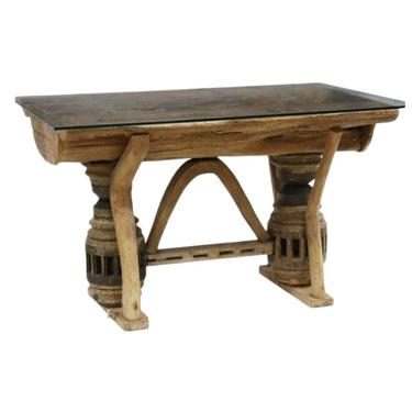 Rustic Adirondack Style Carved Rough Hewn Live Edge Wood Trough Table w/ Antique Wagon Wheel Hubs, Reclaimed Weathered Salvaged Barn Timber 