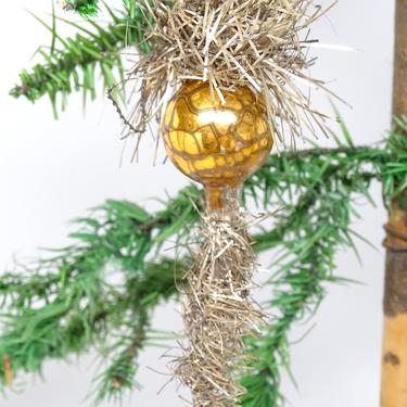 Antique Mercury Glass Ball in Tinsel Icicle and Spray Christmas Ornament, Vintage Victorian 