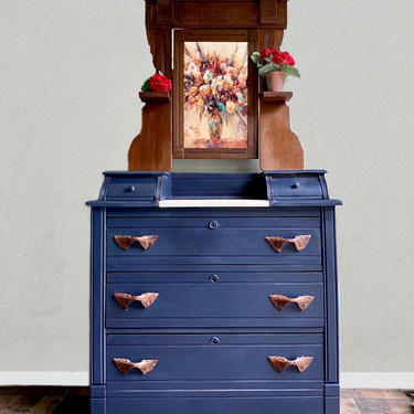 Navy Blue Eastlake Dresser. Marble Top. Vintage Dresser with Mirror. Entryway Accent Table. Antique Dresser. Boho, Eclectic, French Country 