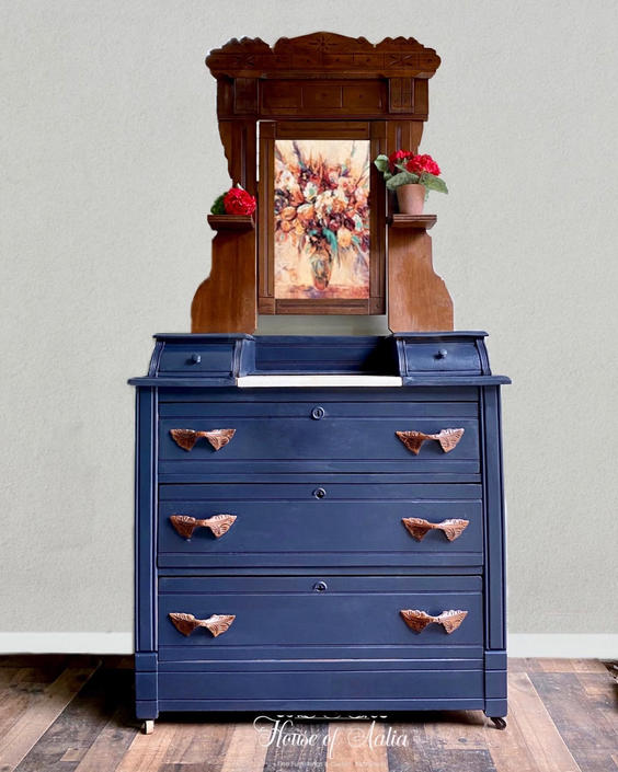 Navy Blue Eastlake Dresser Marble Top, Vintage Dresser Top Mirror