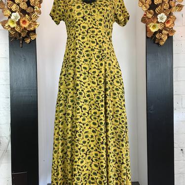 1980s floral dress, yellow rayon dress, vintage 80s dress, 80s midi dress, daisy print dress, low back dress, size medium, Komil dress, 28 