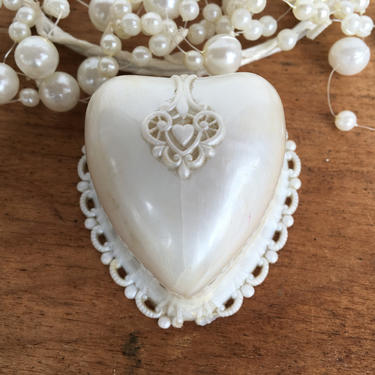 Vintage Pearl White Heart Shaped Ring Box By Dennison, Plastic Material With Deep Burgundy Velvet Lining 