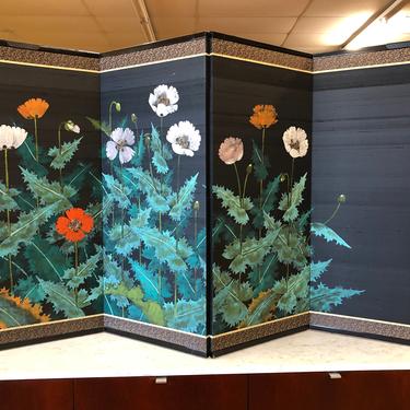 Japanese 4 Panel Floral Painted Silk Screen 