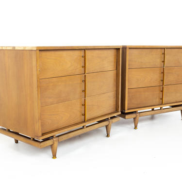 Kent Coffey Sequence Mid Century Walnut and Brass 3 Drawer Chests - A Pair - mcm 